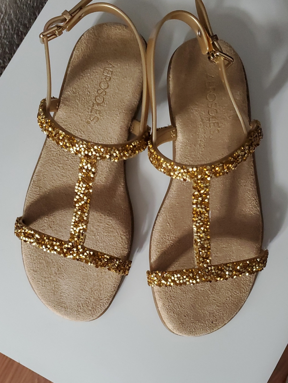 AEROSOLES Gold T-Strap Jeweled Sandals